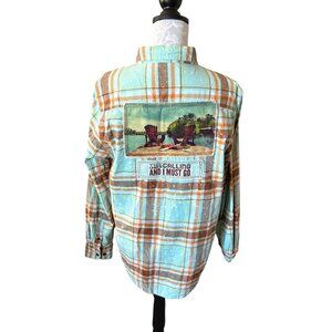 Angry Minnow Flannel Womens Long Sleeve Lake is Calling Medium Blue Orange